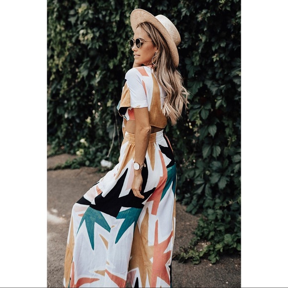 Tropical Print Crop Top Flare Wide Leg Pants Set - Picture 3 of 5
